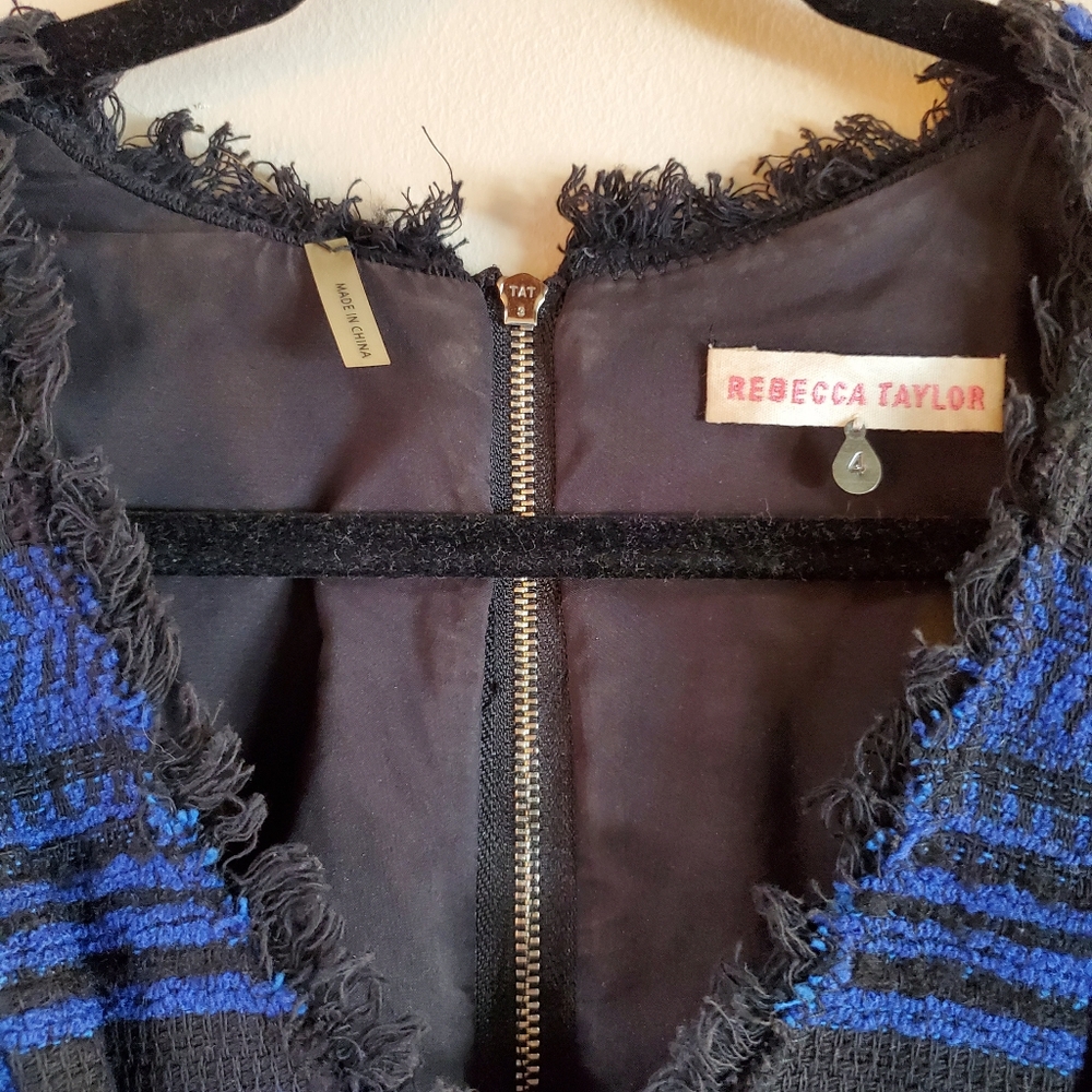 Rebecca Taylor Blue and Black Textured Dress with Leather Sleeves - Size 4 - Picture 3 of 5